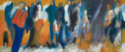 Wien 7, Menschen warten an der Gepäckausgabe, gemalt mit Ölfarben